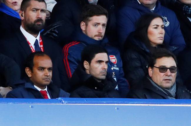 Work needed | New Arsenal manager Mikel Arteta and managing director Vinai Venkatesham watch on at Goodison Park.