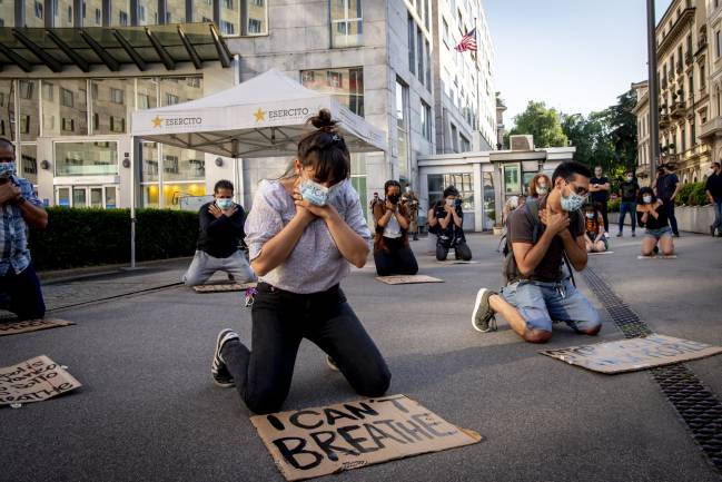 Flashmob of protest against the killing of George Floyd in front of the consulate of United States of America on 28 May 2020 in Milan, Italy.