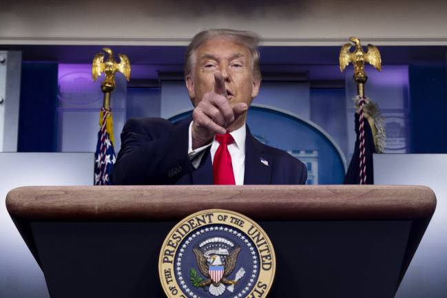 You | US President Donald J. Trump holds a news conference in the James Brady Press Briefing Room of the White House, 3 August 2020.