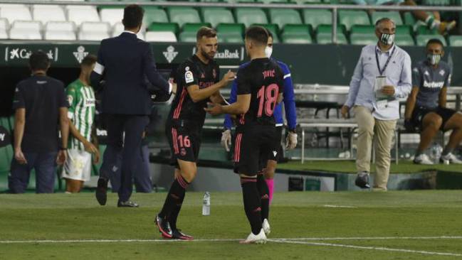 Borja Mayoral comes on for Luke Jovic during Real Madrid's game against Real Betis.
