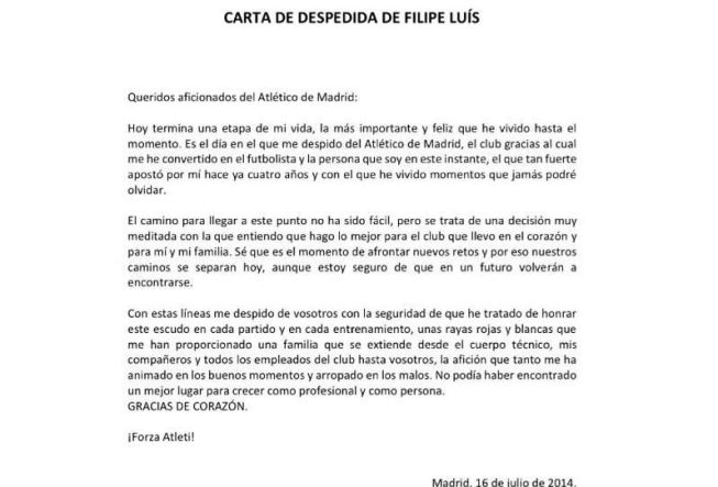 La carta de despedida de Filipe Luis del Atlético de Madrid