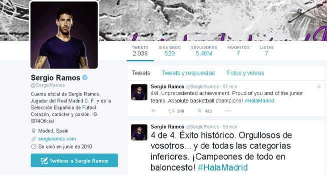 Ramos felicita a la sección de baloncesto con un #HalaMadrid