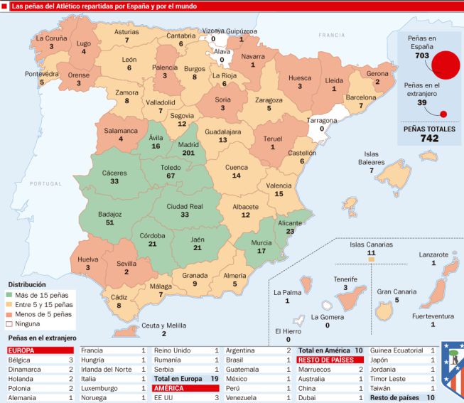 El Atlético de Madrid tiene 742 peñas, 39 fuera de España
