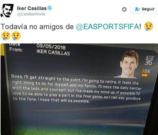 Iker Casillas al videojuego FIFA: "Todavía no me retiro amigos"