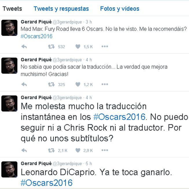 Piqué vaticinó el Oscar a Leonardo DiCaprio en Twitter