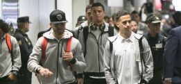 Cristiano, ayer, llegando a Las Palmas y escoltado por Marcelo, Jesé y Lucas Vázquez.