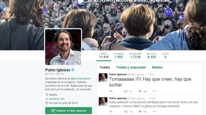 Pablo Iglesias tuiteó durante el partido: "¡Vamos Atleti!"