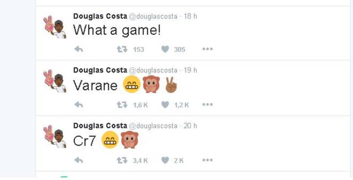 Douglas Costa festejó los goles del Madrid por Twitter