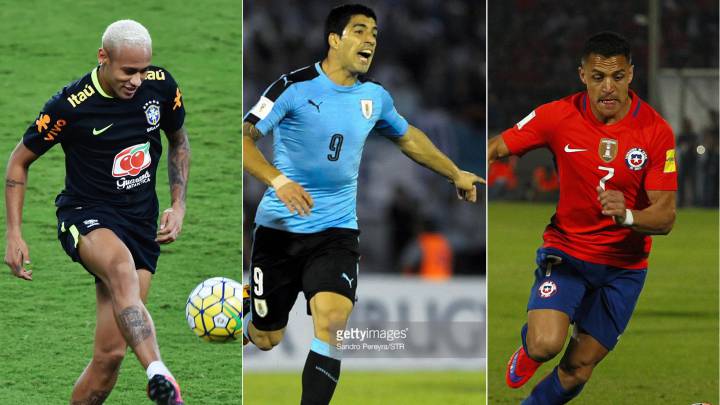 Neymar, Suárez, Sanchez representing Brazil, Uruguay and Chile.
