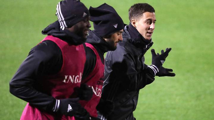 Romelu Lukaku, Carrasco y Hazard en el entrenamiento de Bélgica.