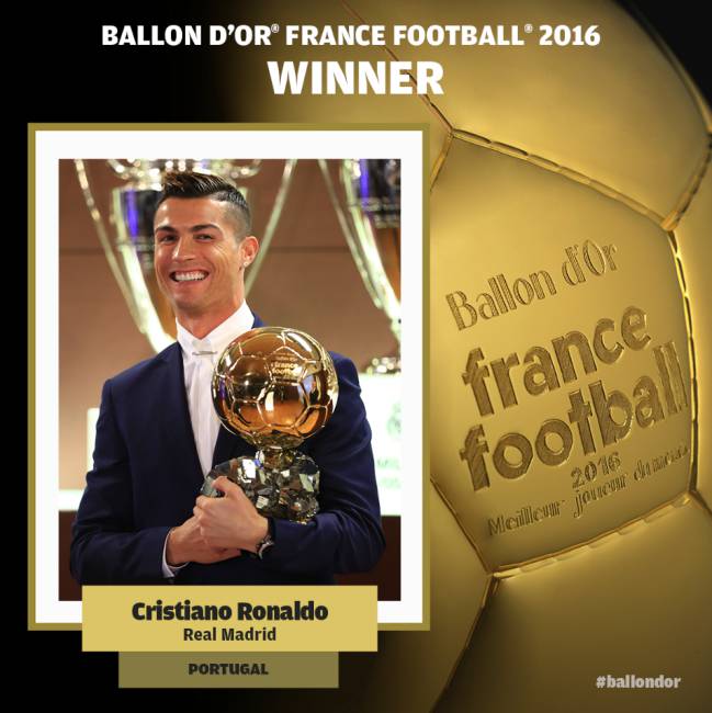 Cristiano Ronaldo posa con su nuevo Balón de Oro 2016 después de ser nombrado vencedor por la revista France Fotball