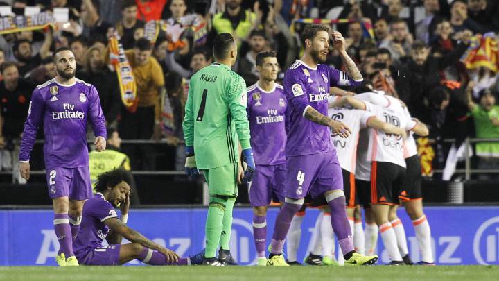 Dani Carvajal, Marcelo Vieira, Keylor Navas, Cristiano Ronaldo y Sergio Ramos, cabizbajos durante el Valencia 2-1 Real Madrid, partido de LaLiga Santander 2016-2017 disputado en el Estadio de Mestalla.
