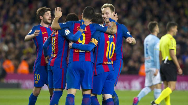 Alegría en el Barcelona tras el quinto gol al Celta.