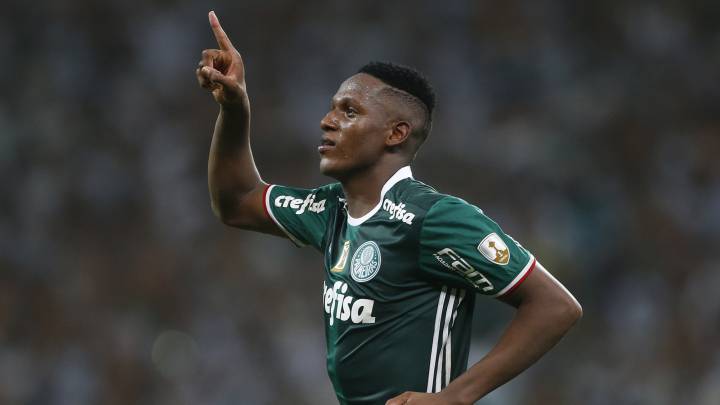 Yerry Mina celebra el importante gol marcado frente a Jorge Wilstermann en la Copa Libertadores.