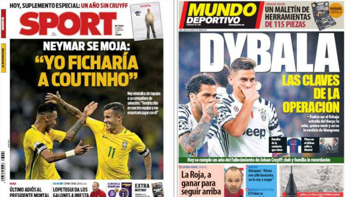 Portadas de los diarios Sport y Mundo Deportivo del día 24 de marzo de 2017.
