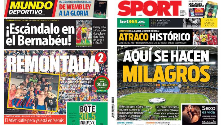 Mundo Deportivo y Sport confían en la remontada del Barcelona y critican la actuación arbitral en el Bernabéu.