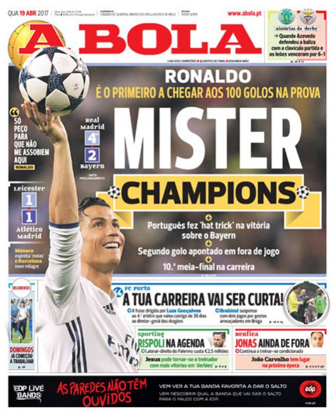 Portada de 'A Bola' del miércoles, 19 de abril de 2017.