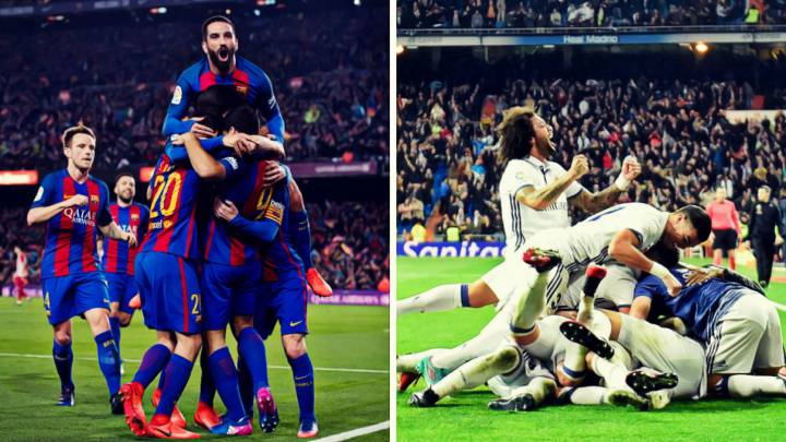 Barcelona y Real Madrid, festejando un gol.