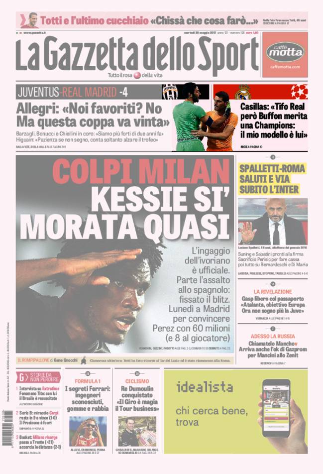 Portada de 'La Gazzetta dello Sport' del martes, 30 de mayo de 2017.