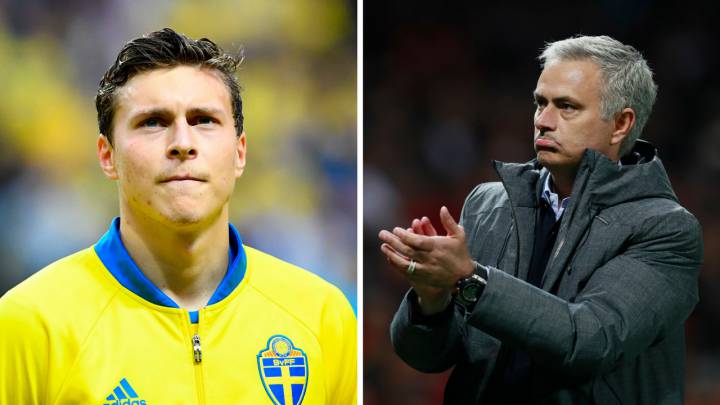 Victor Lindelof y José Mourinho.