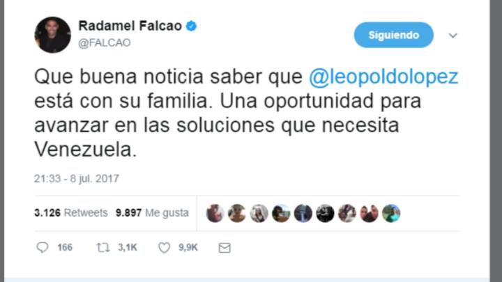 Falcao celebró la salida de la cárcel de Leopoldo López