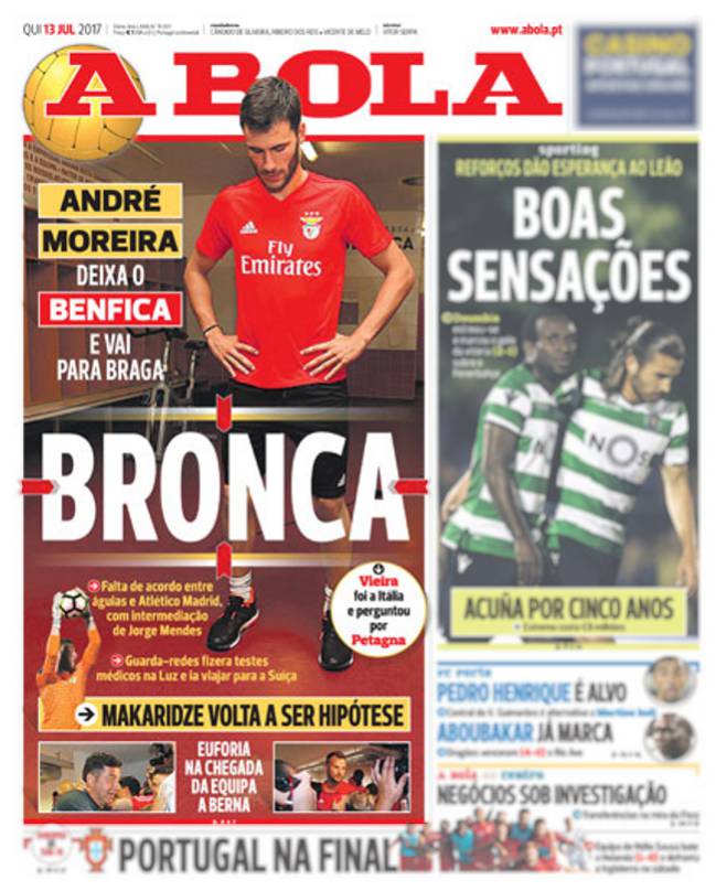 Portada de 'A Bola' del jueves, 13 de julio de 2017.