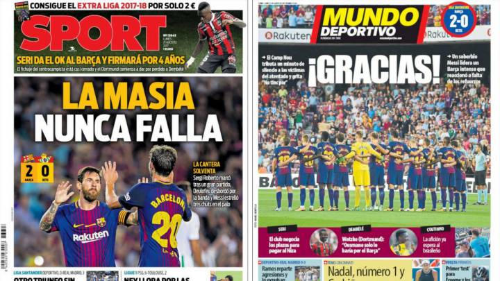 Portadas de los diarios Sport y Mundo Deportivo del día 21 de agosto de 2017.