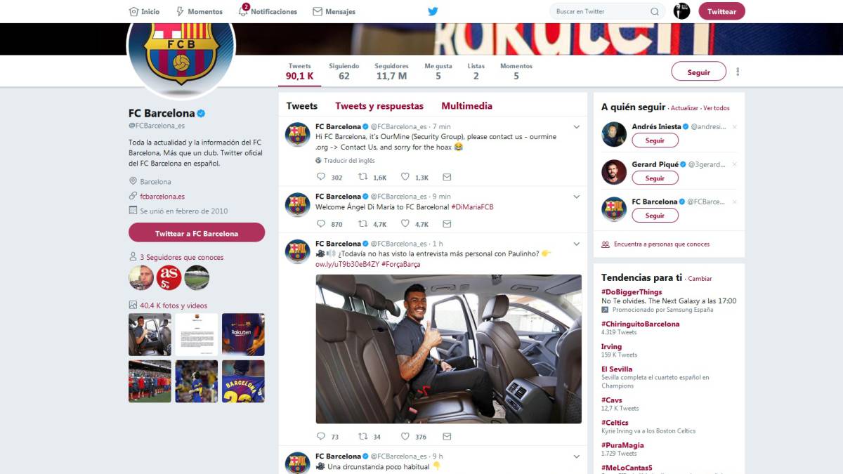 Hackean las redes del Barcelona y anuncian el fichaje de Di María