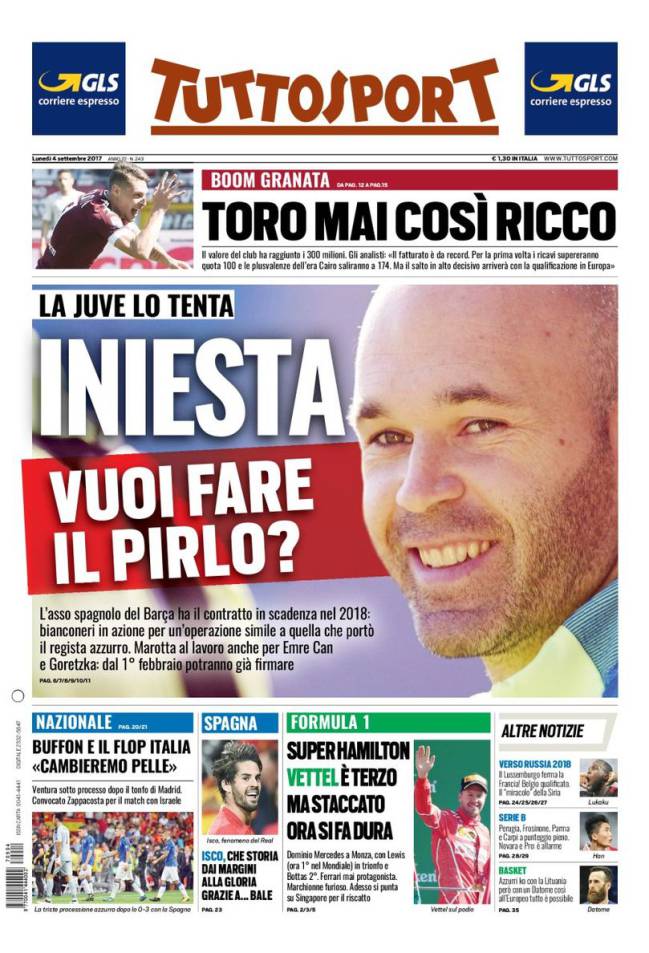 Portada del diario Tuttosport del día 4 de septiembre de 2017.