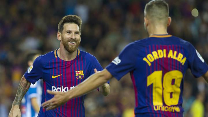 Messi celebra uno de sus goles al Espanyol.