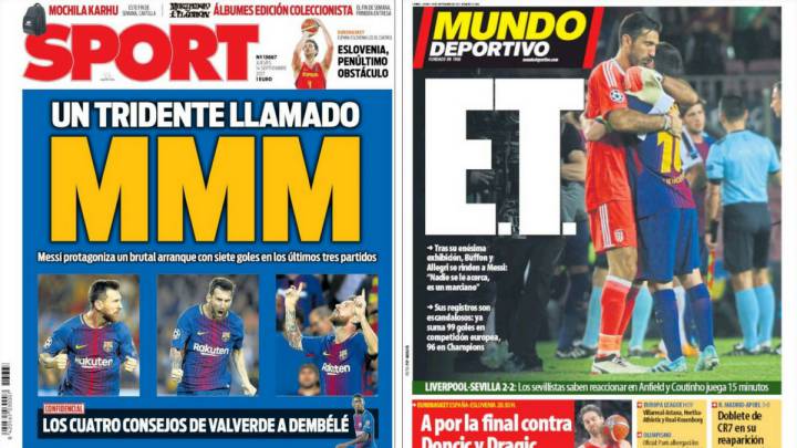 Portadas de los diarios Sport y Mundo Deportivo del día 14 de septiembre de 2017.