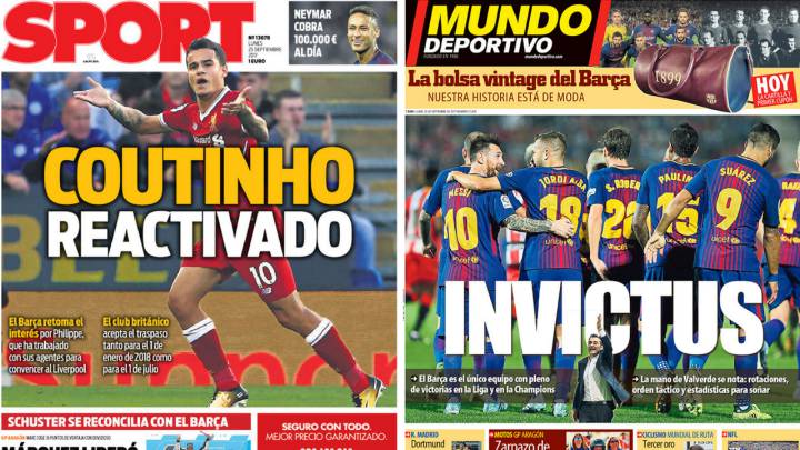Portadas de 'Sport' y 'Mundo Deportivo' del lunes, 25 de septiembre de 2017.