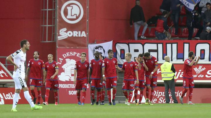 El Numancia celebra un gol ante el Albacete.