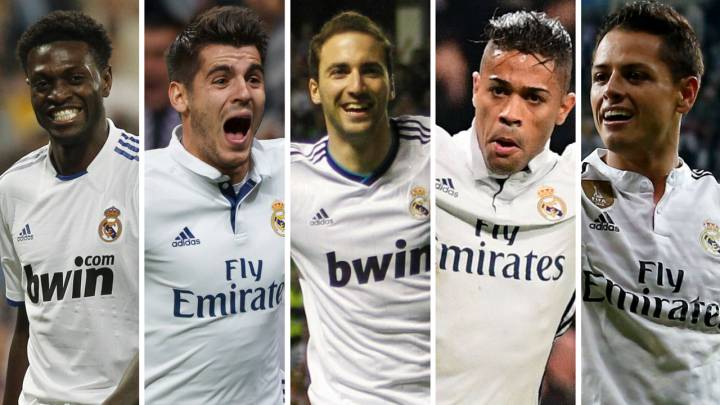 Adebayor, Morata, Higuaín, Mariano y Chicharito con el Real Madrid.