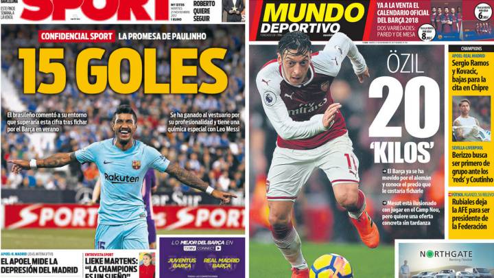 Portadas de 'Sport' y 'Mundo Deportivo' del martes, 21 de noviembre de 2017.