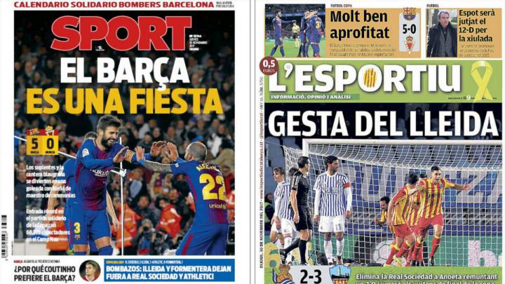 Portadas de los diarios Sport y L'Esportiu del día 30 de noviembre de 2017.