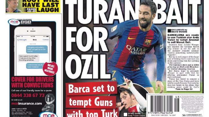 El Barcelona se plantea un trueque con el Arsenal entre Arda Turan y Mesut Özil, según la portada de Daily Star.