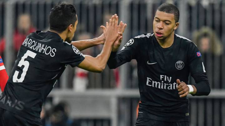 Mbappé celebra su gol ante el Bayern.