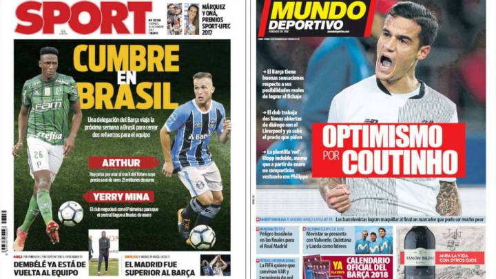 Portadas de los diarios Sport y Mundo deportivo del día 15 de diciembre de 2017.