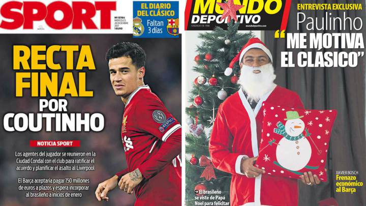 Portadas de 'Sport' y 'Mundo Deportivo' del miércoles, 20 de diciembre de 2017.
