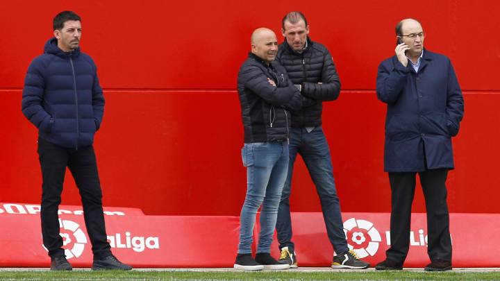 Sampaoli en el entrenamiento del Sevilla.