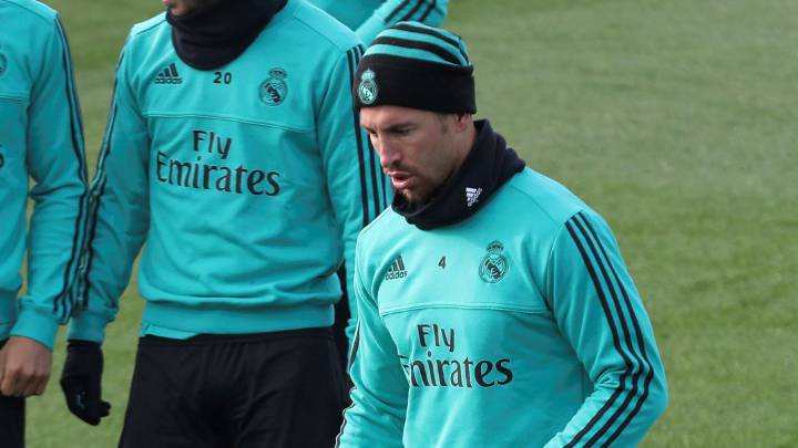 Sergio Ramos en el entrenamiento.