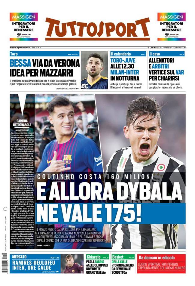 Portada de 'Tuttosport' del martes, 9 de enero de 2018.