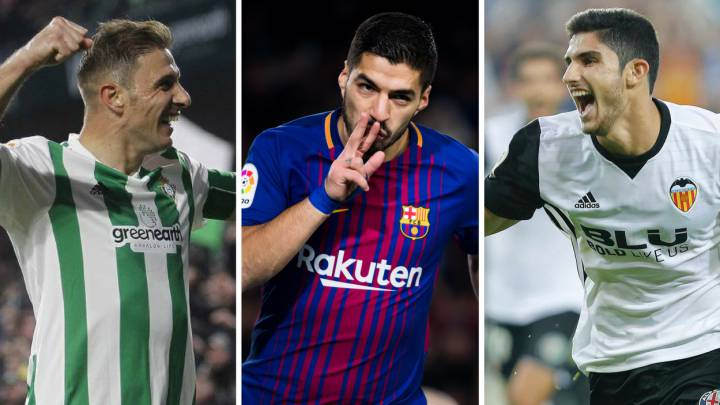 Joaquín, Luis Suárez y Guedes, jugadores del Betis, Barcelona y Valencia.