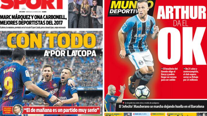Portadas de 'Sport' y 'Mundo Deportivo' del miércoles 24 de enero de 2018.