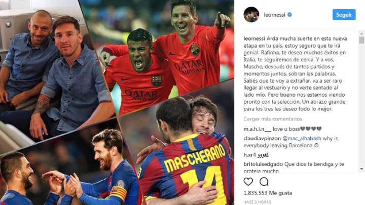 Entrañable despedida de Messi a Mascherano en Instagram