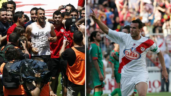 Amaya celebrando en Vallecas sus dos ascensos con el Rayo.