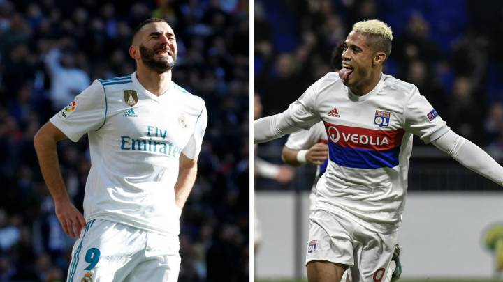 Los delanteros de Real Madrid y Olympique de Lyon, Karim Benzema y Mariano Díaz.
