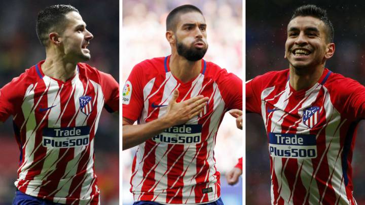Vitolo, Carrasco y Correa celebran goles.