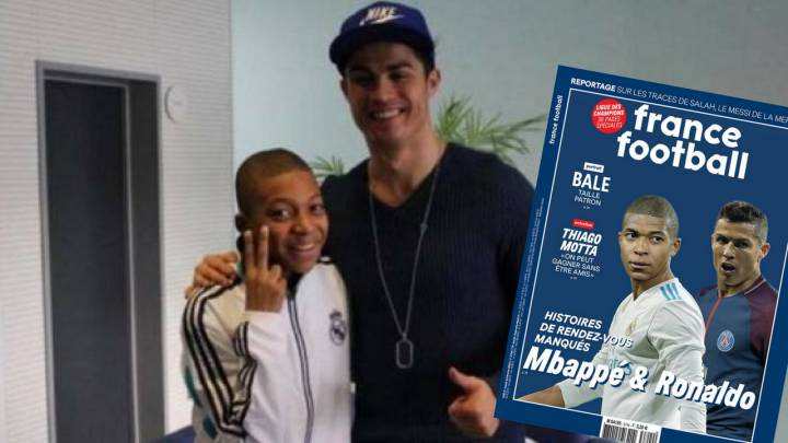 Mbappé, con 14 años, en una fotografía con Cristiano Ronaldo y la portada de 'France Football'.